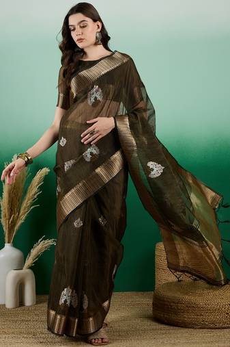 Mahendi Khadi Organza c Resham Work Saree With Zari Woven Partywear Saree