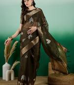 Mahendi Khadi Organza c Resham Work Saree With Zari Woven Partywear Saree