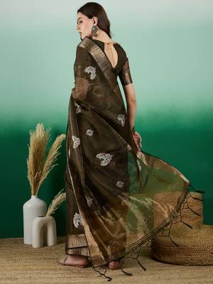 Mahendi Khadi Organza c Resham Work Saree With Zari Woven Partywear Saree 2