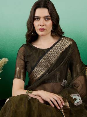 Mahendi Khadi Organza c Resham Work Saree With Zari Woven Partywear Saree 3