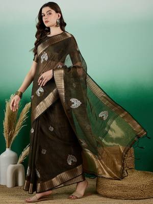 Mahendi Khadi Organza c Resham Work Saree With Zari Woven Partywear Saree 4