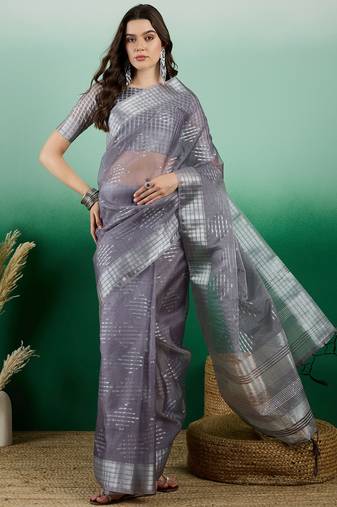 Grey Khadi Organza Woven Jacquard Designer Ethnic Indian Festive Wear Saree