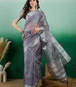 Grey Khadi Organza Woven Jacquard Designer Ethnic Indian Festive Wear Saree