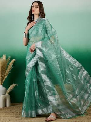 Sea Green Khadi Organza Woven Jacquard Ethnic Indian Festive Wear Saree 1