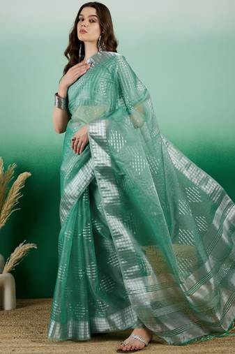 Sea Green Khadi Organza Woven Jacquard Designer Ethnic Indian Festive Wear Saree