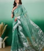 Sea Green Khadi Organza Woven Jacquard Designer Ethnic Indian Festive Wear Saree