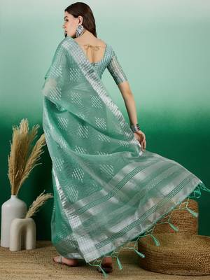 Sea Green Khadi Organza Woven Jacquard Ethnic Indian Festive Wear Saree 2