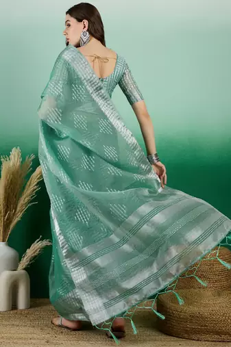 Sea Green Khadi Organza Woven Jacquard Ethnic Indian Festive Wear Saree