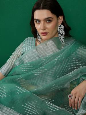 Sea Green Khadi Organza Woven Jacquard Ethnic Indian Festive Wear Saree 3