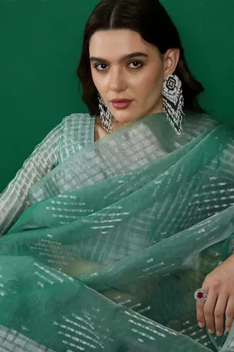 Sea Green Khadi Organza Woven Jacquard Ethnic Indian Festive Wear Saree