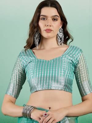 Sea Green Khadi Organza Woven Jacquard Ethnic Indian Festive Wear Saree 4