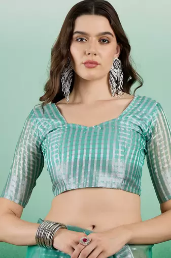 Sea Green Khadi Organza Woven Jacquard Ethnic Indian Festive Wear Saree