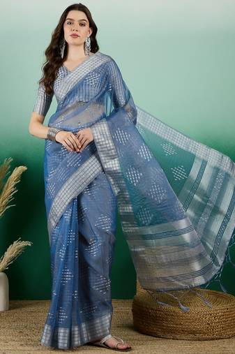 Teal Khadi Organza Woven Jacquard Designer Ethnic Indian Festive Wear Saree
