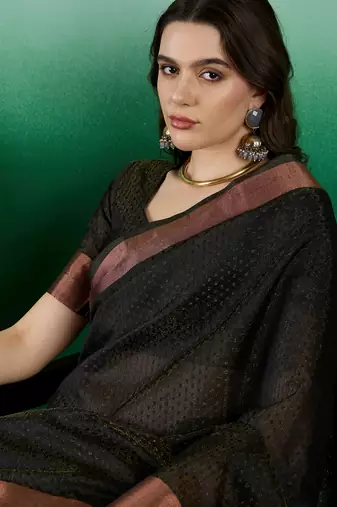 Black Woven Khadi Organza c Ethnic Partywear Saree