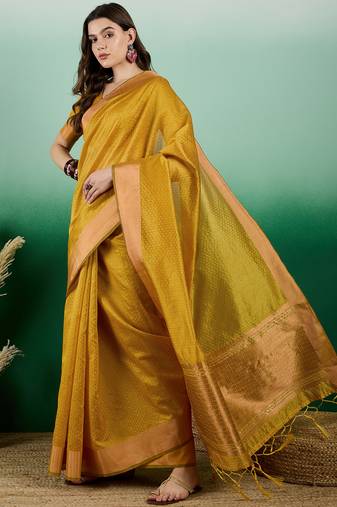 Mustard Woven Designer Khadi Organza c Ethnic Partywear Saree