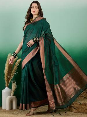 Green Woven Khadi Organza c Ethnic Partywear Saree 1