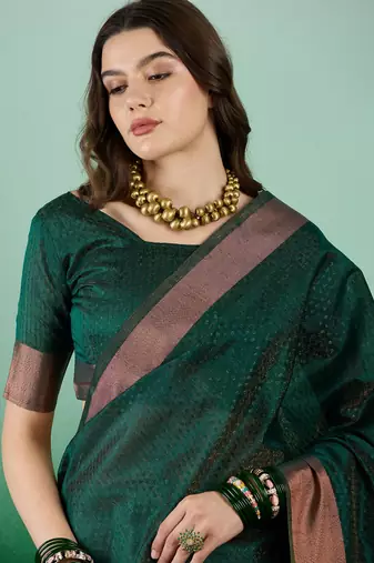 Green Woven Khadi Organza c Ethnic Partywear Saree