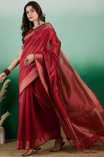 Red Woven Designer Khadi Organza c Ethnic Partywear Saree