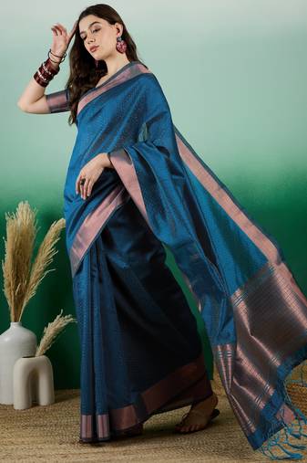 Teal Woven Designer Khadi Organza c Ethnic Partywear Saree