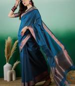 Teal Woven Khadi Organza c Ethnic Partywear Saree