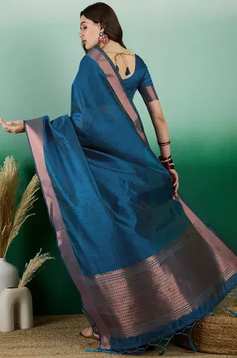 Teal Woven Khadi Organza c Ethnic Partywear Saree
