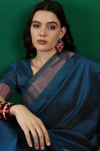 Teal Woven Khadi Organza c Ethnic Partywear Saree