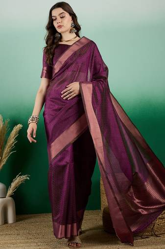 Wine Woven Designer Khadi Organza c Ethnic Partywear Saree