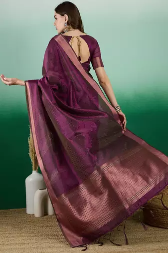 Wine Woven Khadi Organza c Ethnic Partywear Saree