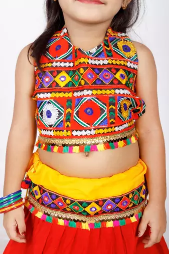 Banjara India Kutch Work Embroidered Girls Lehenga Choli Set with Dupatta (CC-DMN) - Red
