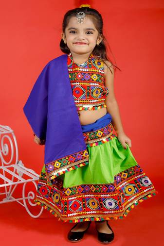 Banjara India Kutch Work Embroidered Girls Lehenga Choli Set with Dupatta (CC-DMN) - Green