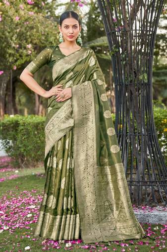 Green Simmer Silk Weaving Rich Pallu Jari Designer Partywear Saree