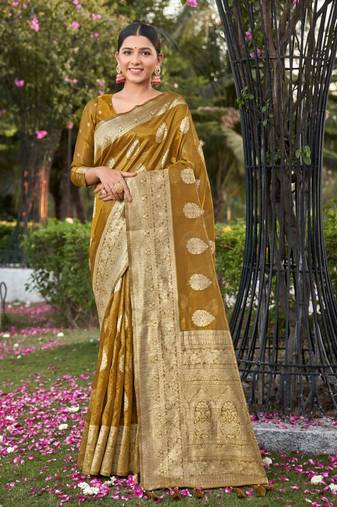 Mustard Simmer Silk Weaving Rich Pallu Jari Designer Partywear Saree
