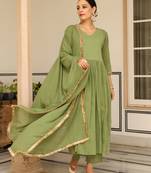 Light green pintucks mulmul cotton kurta set with trousers and dupatta