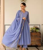 Lavender blue pintucks mulmul cotton kurta set with trousers and dupatta