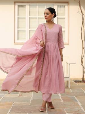 Baby pink pintucks mulmul cotton kurta set with trousers and dupatta 1