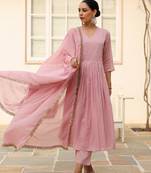 Baby pink pintucks mulmul cotton kurta set with trousers and dupatta