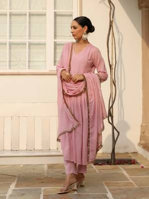 Baby pink pintucks mulmul cotton kurta set with trousers and dupatta 2
