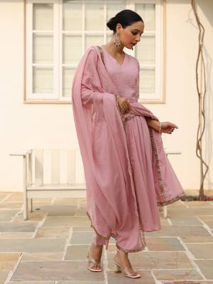 Baby pink pintucks mulmul cotton kurta set with trousers and dupatta 4