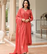 Dusty red mulmul cotton anarkali kurta set with trousers and dupatta