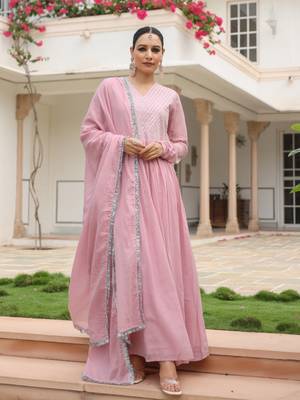 Baby pink mulmul cotton anarkali kurta set with trousers and dupatta 1