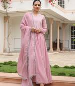 Baby pink mulmul cotton anarkali kurta set with trousers and dupatta