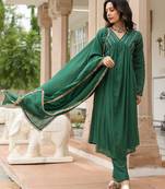 Bottle green mulmul cotton anarkali kurta set with trousers and dupatta