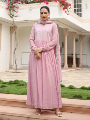 Baby pink mulmul cotton anarkali kurta set with trousers and dupatta 2