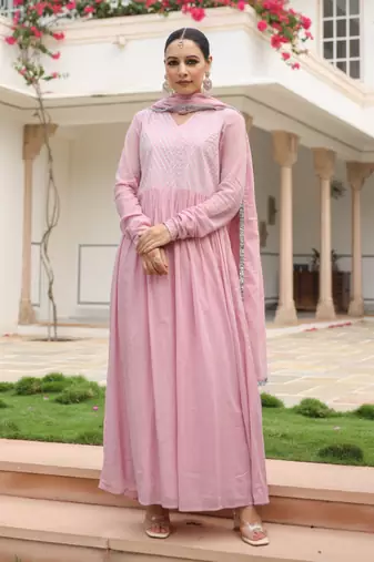 Baby pink mulmul cotton anarkali kurta set with trousers and dupatta