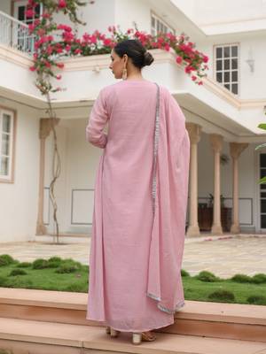 Baby pink mulmul cotton anarkali kurta set with trousers and dupatta 3