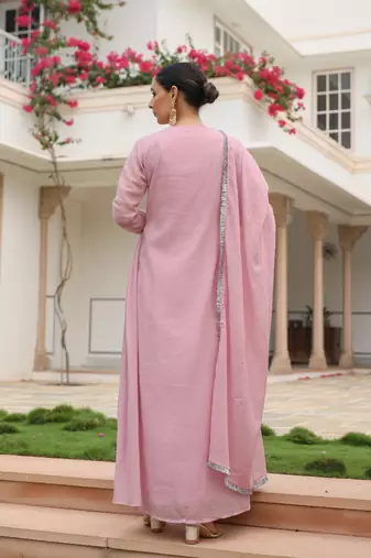 Baby pink mulmul cotton anarkali kurta set with trousers and dupatta