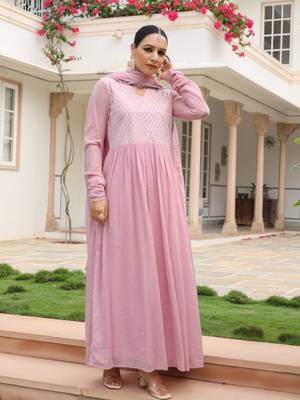 Baby pink mulmul cotton anarkali kurta set with trousers and dupatta 4