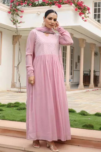 Baby pink mulmul cotton anarkali kurta set with trousers and dupatta