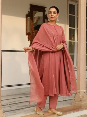 Dusty red mulmul cotton anarkali kurta set with trousers and dupatta 1