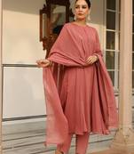 Dusty red mulmul cotton anarkali kurta set with trousers and dupatta